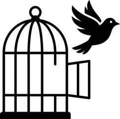 Fototapeta premium Bird flying from open cage line icon