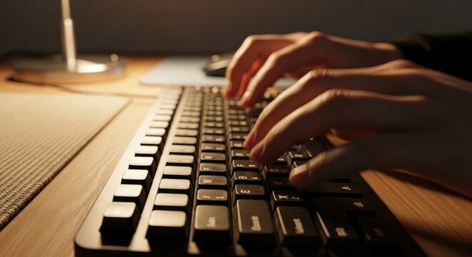 Hands Typing on a Black Keyboard.