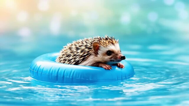 Adorable hedgehog floating in blue inflatable ring on sparkling water with bokeh lights. Cute animal enjoying summer vacation and holiday fun at the pool.