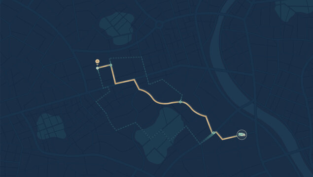 Dark navigation map showing delivery route to truck icon
