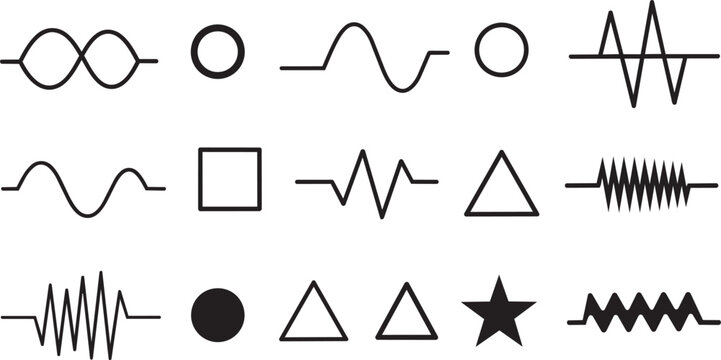 Black geometric shapes and waveform line collection on white background waveform lines circle