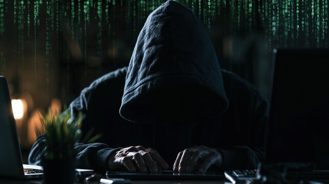 Anonymous hacker in a dark room, illuminated by a glowing digital matrix, breaching computer systems.