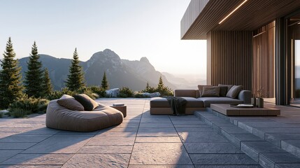 Fototapeta premium Modern Mountain Terrace Lounge with Cozy Seating and Serene Scenic Vista at Sunrise