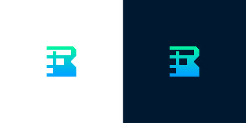 Minimalist letter B tech logo icon with gradient design on light and dark backgrounds © anello