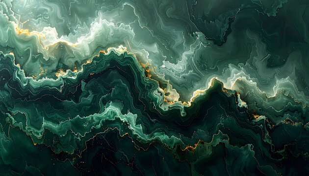 Dark emerald green and gold liquid marble texture abstract background with shimmering dust particles