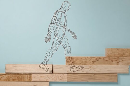 Wireframe figure ascending wooden steps against a light blue background