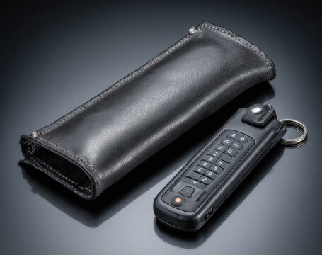Dark gray leather case holds a compact, keypad-style remote