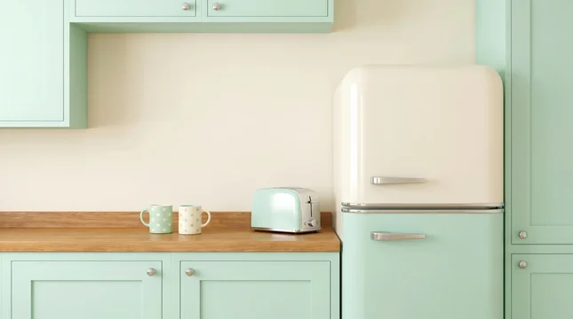 Prepare breakfast inside pastel retro kitchen showcasing mint toaster and cream refrigerator