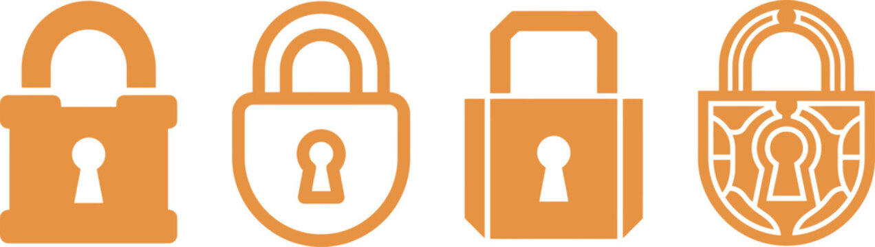 A set of four orange padlock featuring diverse geometric shapes and intricate keyhole patterns for modern web security and ui usage