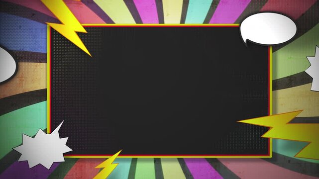 Horizontal pop art comic frame with blank dark panel, vivid spinning sunburst, white speech balloons and bold lightning, ready text space for marketing and video intros