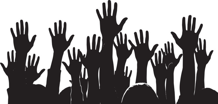 Black raised hands silhouettes on white background black silhouettes crowd gesture unity symbol