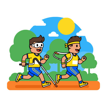 Blind runner with guide during sports activity.