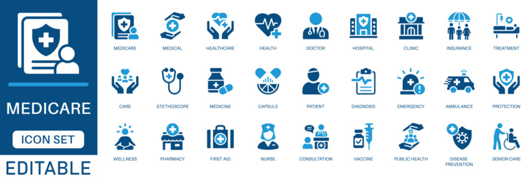 Medicare and healthcare icon set. with vector symbols for medical insurance, doctor consultation, hospital treatment, and wellness care in a clean blue flat design.