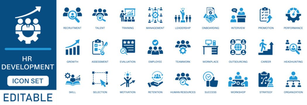 HR development icon set. with vector symbols for recruitment, Human Resources, talent training, employee onboarding, career growth, and performance management in a blue flat design.