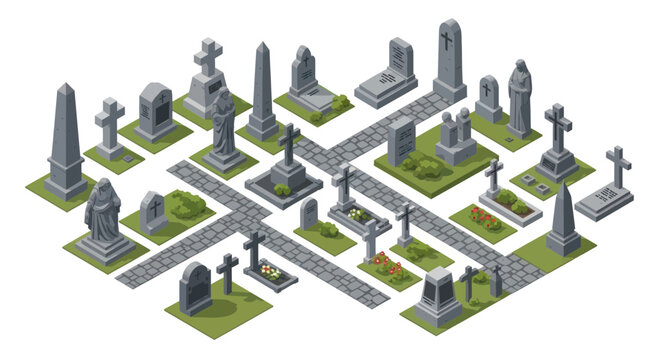 Isometric cemetery graveyard with diverse tombstones and stone paths