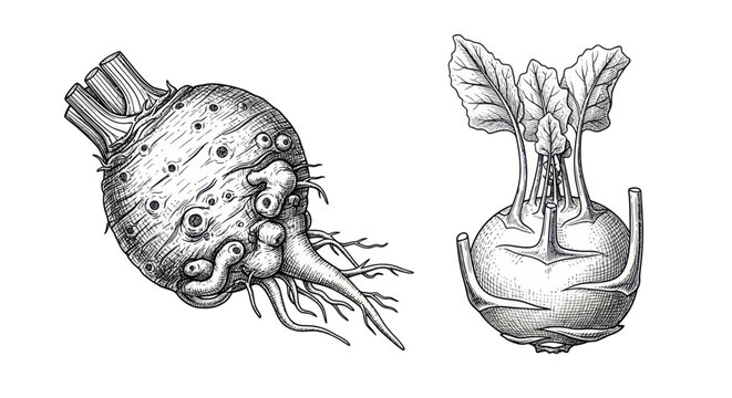 Celeriac and kohlrabi root vegetables in vintage engraving style