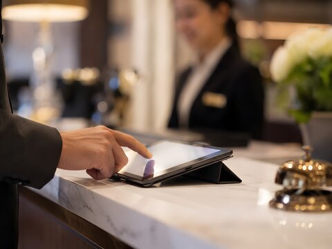 Close up of person using digital tablet for smart check in at hotel reception counter