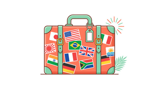 Vintage Suitcase Covered in World Flags Stickers, Ready for Travel and Adventure