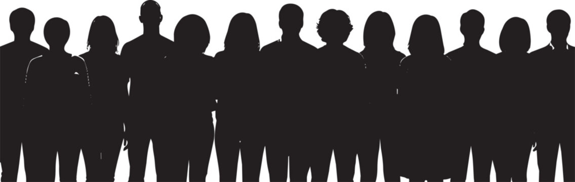 Black silhouette group of diverse people standing in a row facing forward standing row