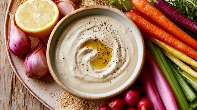 Creamy tahini and fresh veggies sit on a table.