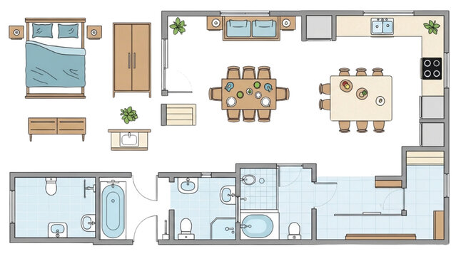 2D AutoCAD Vector floor plan of a modern house interior with furniture and layout