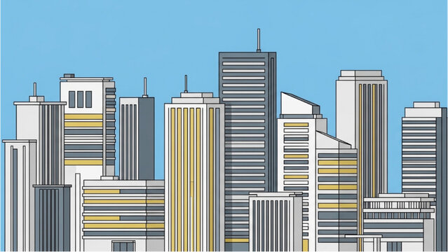2D AutoCAD Vector illustration of a modern cityscape with skyscrapers