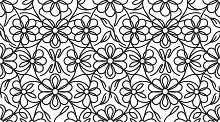 Fototapeta premium Seamless Black and White Geometric Floral Pattern with Minimalist Line Art Flower Mandalas
