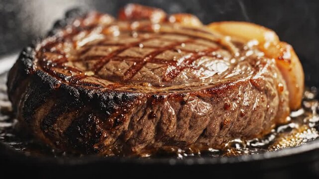 Deliciously grilled ribeye steak sizzling in a cast iron pan with a dark background, showcasing a perfect char and juicy texture.