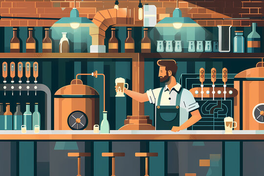 Craft brewery taproom illustration featuring a bartender holding a beer mug