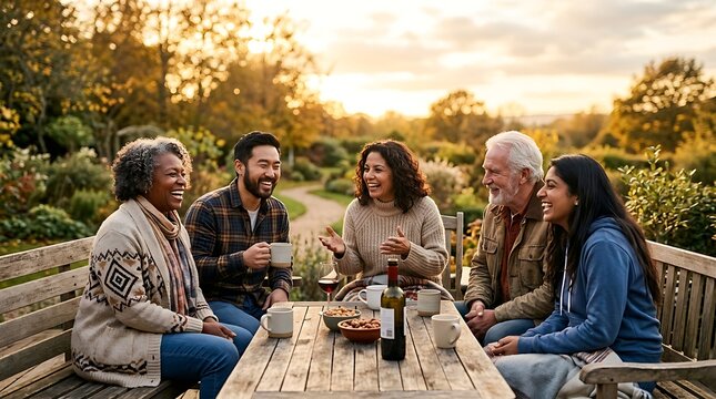 Multiethnic Friends Laughing Together at Outdoor Sunset Gathering