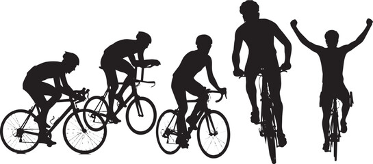 Obraz premium Black silhouette of cyclists in various riding positions and a standing person black silhouettes