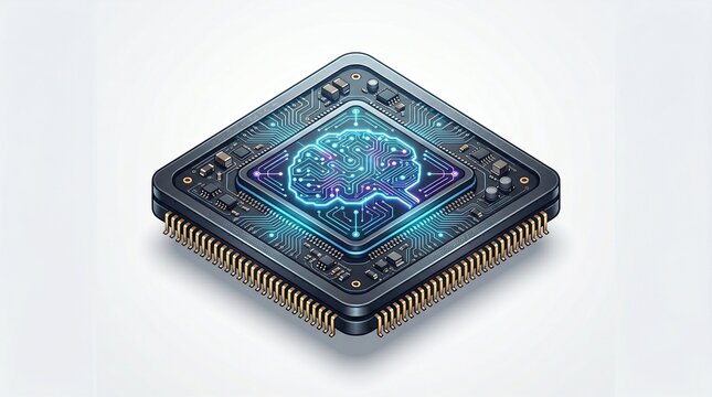 Isometric AI microchip with glowing neural brain circuitry. Black processor package with gold pins, blue-purple circuit patterns, and illuminated brain-shaped traces on the die, tech concept illustrat