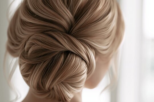 Elegant blonde hair styled in a sophisticated chignon, showcasing intricate twists and highlights, perfect for formal occasions.