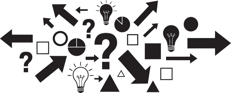 Black silhouette of lightbulbs people and question marks on arrows lightbulb question mark arrow abstract directional arrows
