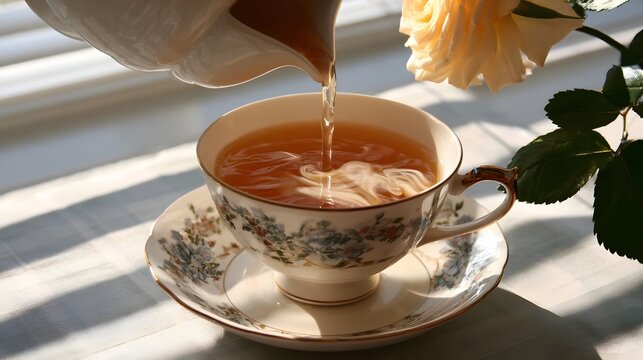 A close up view of soothing tea being poured with swirling cream emphasizing gentle light and soft shadows