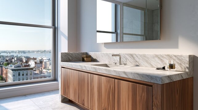 Luxury modern bathroom vanity with marble countertop and city view through large window