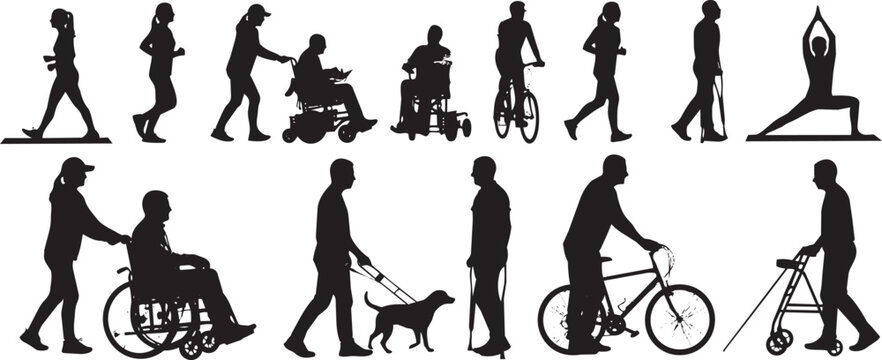 Black silhouette of people with disabilities and active lifestyles walking running