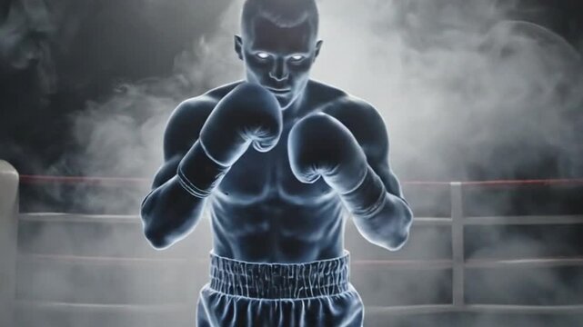 Transparent Ghostly Boxer Standing in a Misty Ring Representing Determination and Athletic Strength for Sports Motivation Concepts and Training