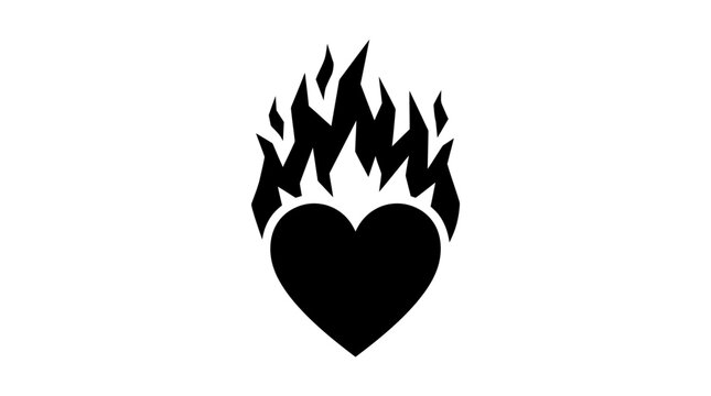 Black heart shape with flames on white background.
