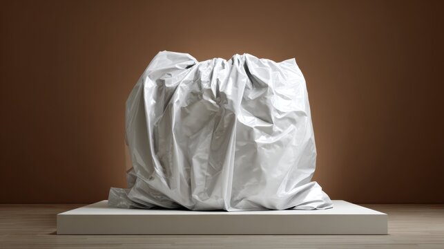 Covered Object Wrapped in White Fabric on Pedestal