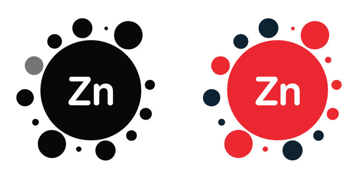 Zinc (Zn) chemical element icon set featuring atomic model and essential mineral concept for health, nutrition, and scientific education.