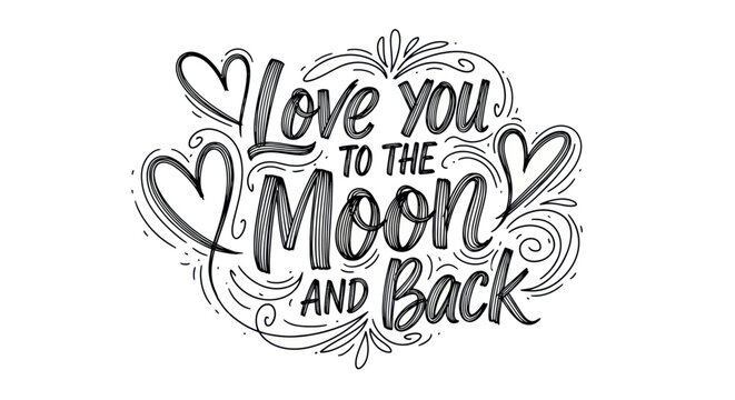 Love you to the moon and back hand lettered quote with hearts