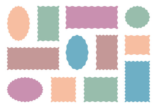 Vector set colorful zigzag wavy edge frames. Colorful vector round, square and rectangular shapes with scalloped wavy zigzag edges.  