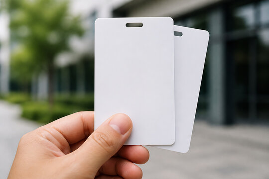 A hand is holding two blank white business cards outdoors in a modern, blurred setting.