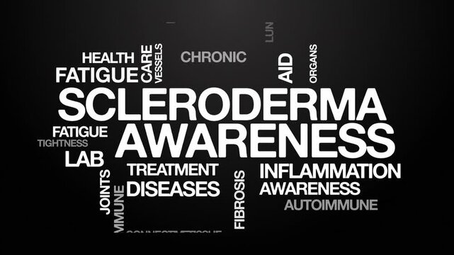 scleroderma awareness concept Animated Tag Word Cloud kinetic typography, Text Design Animation typography seamless loop video motion graphics Intro Wordart arrangement white type on black background 