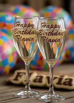 Two Personalized Champagne Flutes Filled with Bubbly Celebration Drink with Birthday Cookies and Balloons
