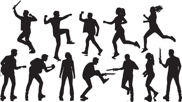 Black silhouettes of diverse people running jumping and playing instruments in dynamic poses