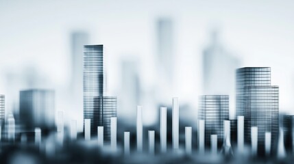 Obraz premium Abstract financial cityscape with modern skyscrapers and rising bar graphs symbolizing growth and investment