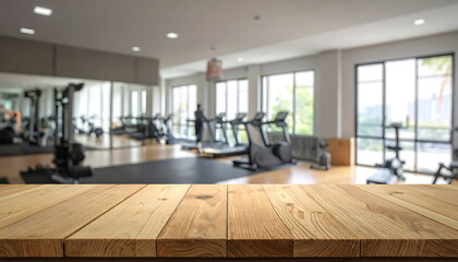 Empty rustic wooden table foreground with blurred modern fitness gym background, exercise equipment, sports interior, product display