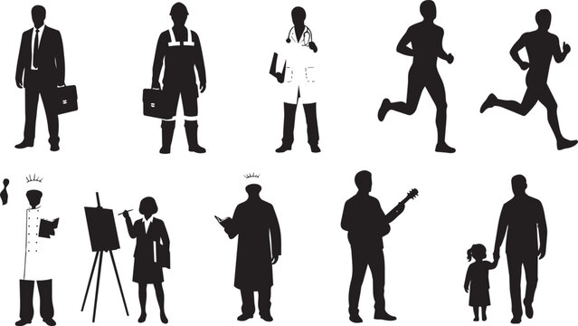 Black silhouettes of people in various daily activities and jobs professions